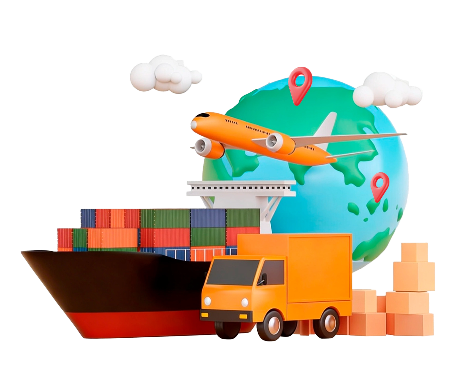 Global relocation illustration with plane, globe, container ship and truck